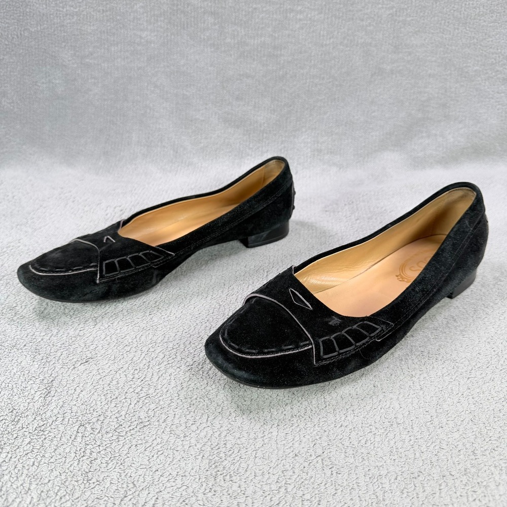 Tod's Womens 8.5 Black Suede Leather Gommini Loafers Flats Pebble Heel Italy